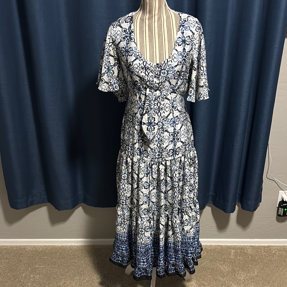 Taylor Blue and White Ruffled Tie Front Midi Dress